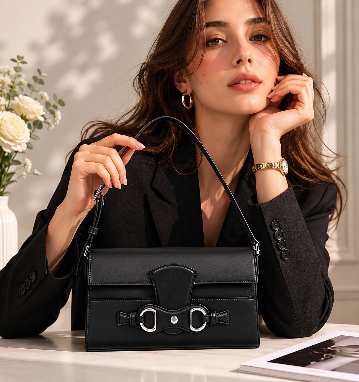 Smooth black leather shoulder  - Structured Handbag Top Handle recension och pris